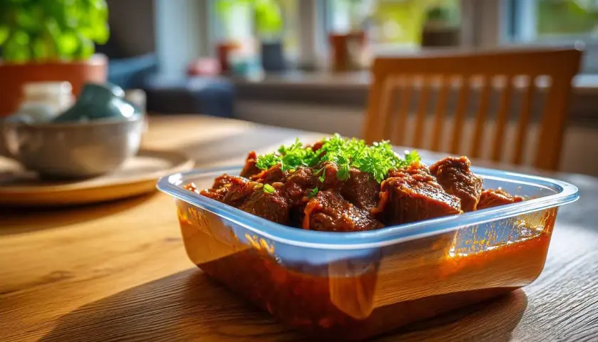 Herzhaftes Gulasch in einer Aufbewahrungsbox, bereit zum Einfrieren. So kann man Gulasch einfrieren und später genießen.