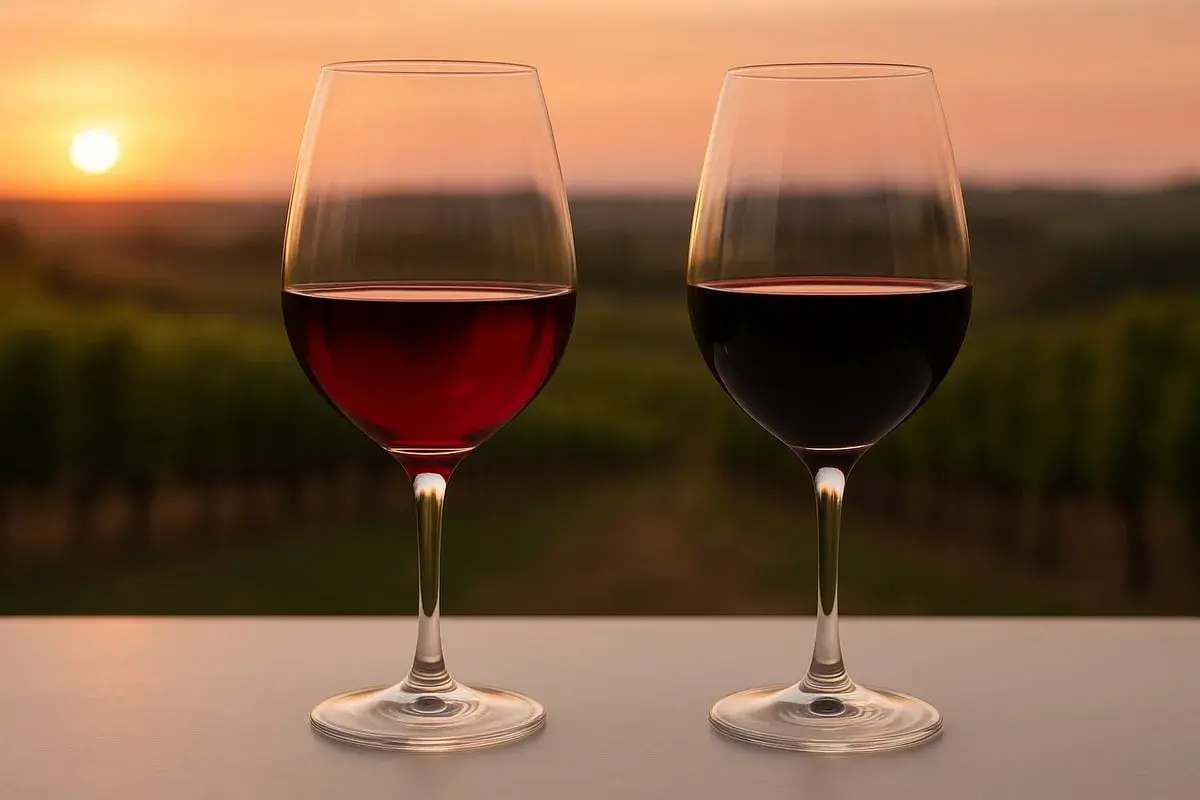 Zwei Gläser Rotwein, ein hellerer Cabernet Sauvignon und ein dunklerer Merlot, stehen vor einem Weinberg bei Sonnenuntergang.
