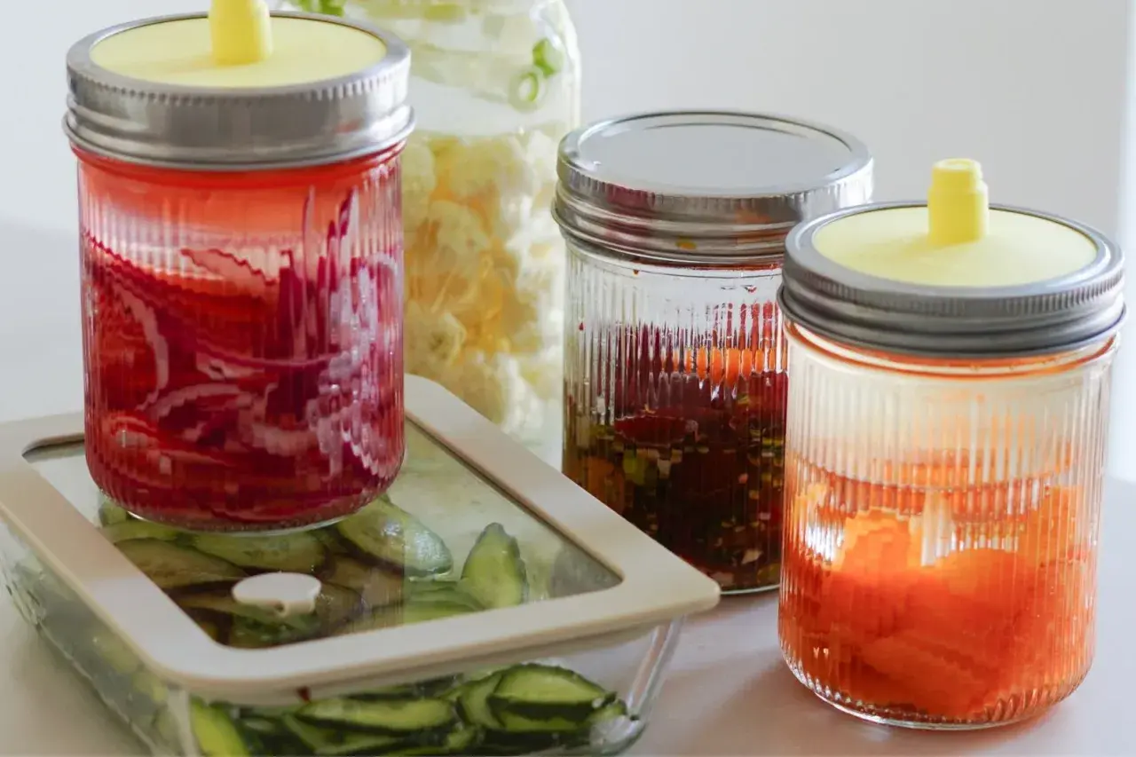 Eingelegtes Gemüse in Gläsern, darunter rote Zwiebeln und Karotten. Ein Glas mit Blumenkohl und ein Behälter mit Gurkenscheiben sind ebenfalls zu sehen. Perfekt für die Herstellung von **Kahmhefe Wein**.