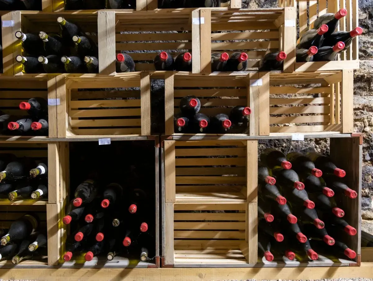 Weinlager mit vielen Flaschen in Holzkisten. Manche Flaschen haben rote Kappen. Die Frage, ob Wein ein Ablaufdatum hat, bleibt offen.