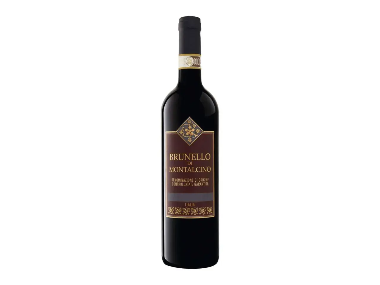 Dunkle Flasche mit Etikett "Brunello di Montalcino", ein italienischer Rotwein.