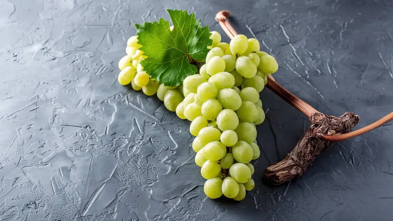Grüne Trauben, die an einem Rebstock hängen. Diese Trauben sind ein Beispiel dafür, was Chardonnay ist: eine beliebte Rebsorte für Weißwein.