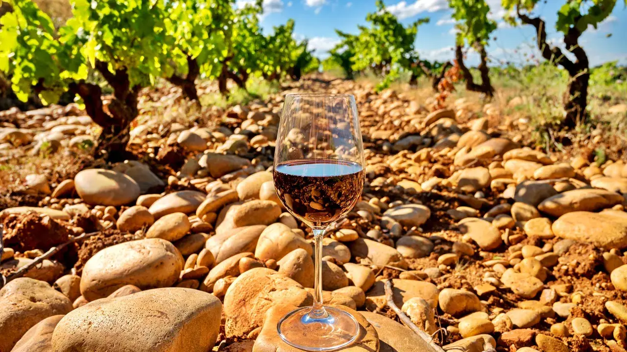 Ein Glas Rotwein steht in einem sonnenbeschienenen Weinberg in Châteauneuf-du-Pape, umgeben von Kieselsteinen und Rebstöcken.