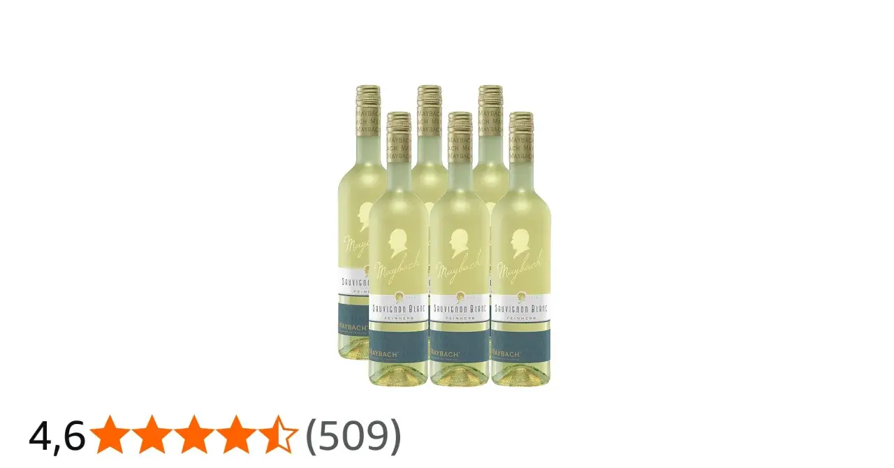 Sechs Flaschen Maybach Sauvignon Blanc, trocken oder lieblich, mit goldenen Kapseln und stilisierten Profilen auf den Etiketten.