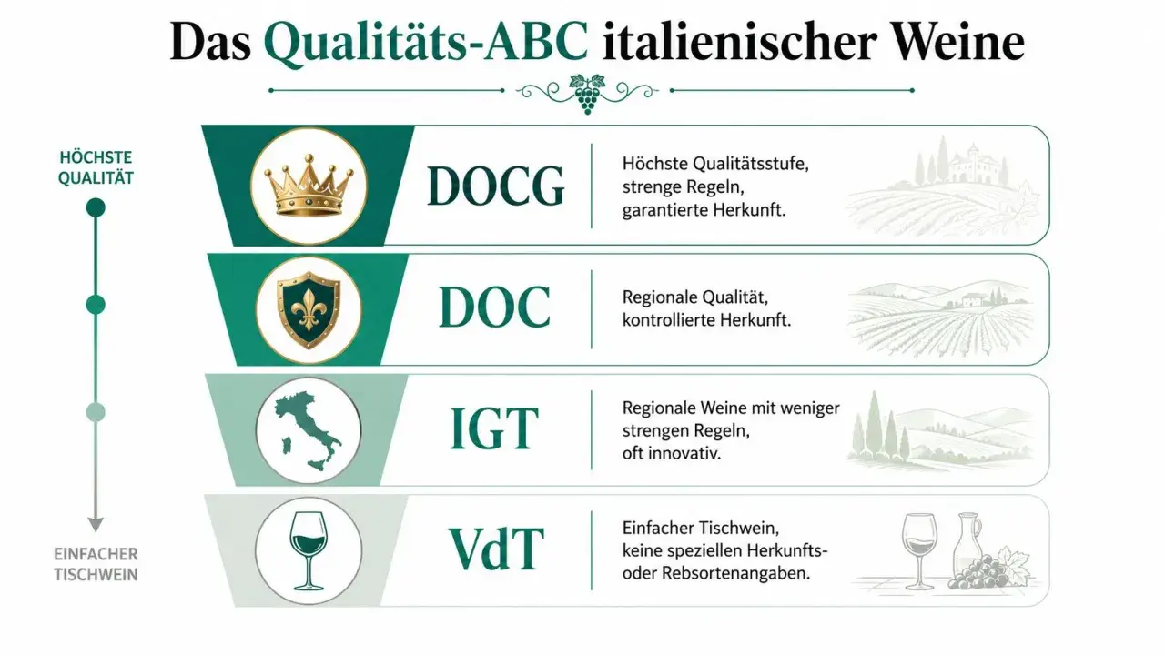 Qualitätsstufen italienischer Weine: DOCG (höchste Qualität), DOC (regionale Qualität), IGT (regionale Weine, oft innovativ) und VdT (einfacher Tischwein).