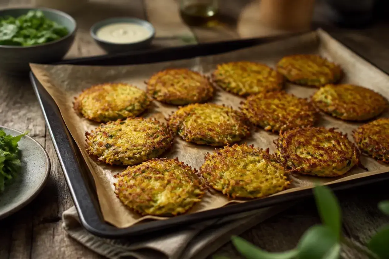Goldbraune Kartoffel Zucchini Puffer auf einem Blech, bereit zum Genießen. Dazu ein Schälchen mit Dip und frischem Grün.
