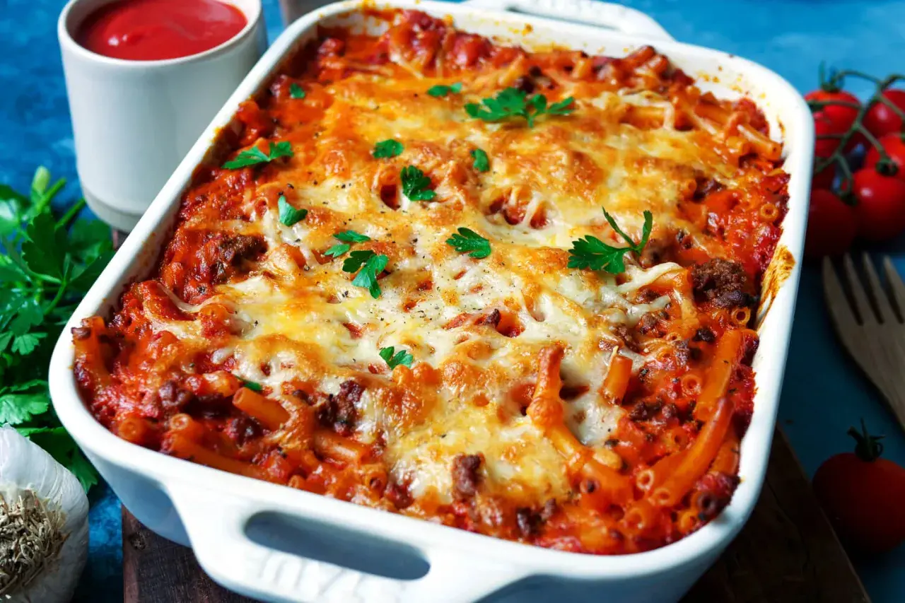 Herzhafte Nudeln alla Mama, überbacken mit geschmolzenem Käse und garniert mit Petersilie. Ein Klassiker, der immer schmeckt!