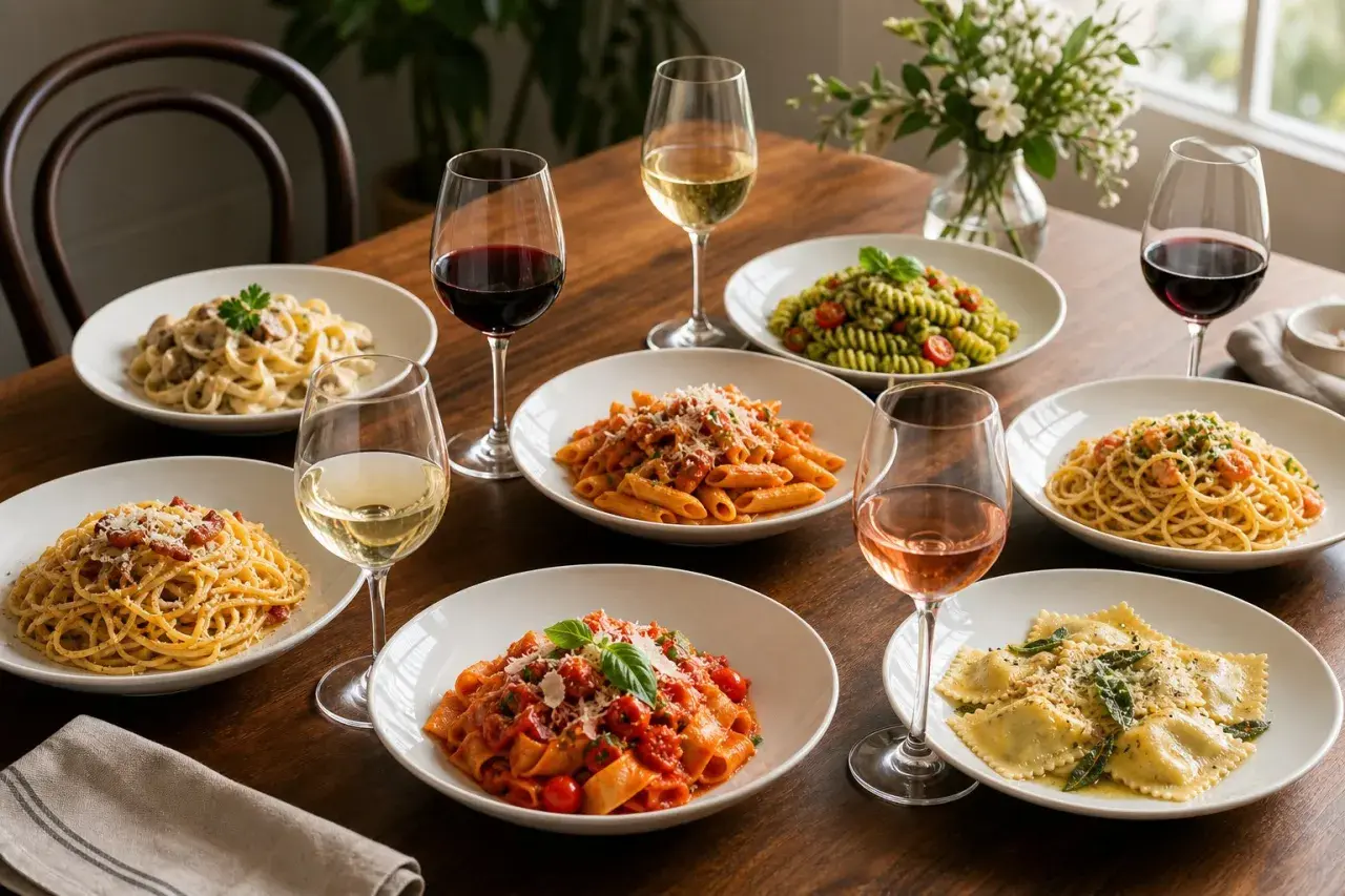 Ein Festmahl mit verschiedenen Pastagerichten und Gläsern mit Rot-, Weiß- und Roséwein. Perfekt für ein Abendessen mit Freunden, wo jeder sein Lieblings-Wein zu Pasta genießen kann.