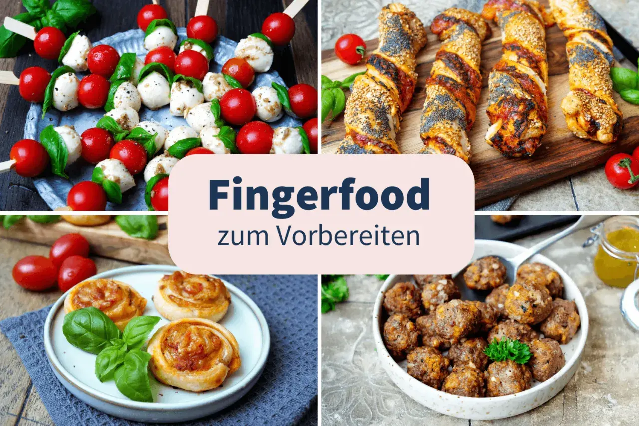 Kleine Spieße mit Mozzarella und Tomaten, herzhafte Blätterteig-Snacks, Teigschnecken und Hackbällchen – alles leckere Snacks zum Aperitif.