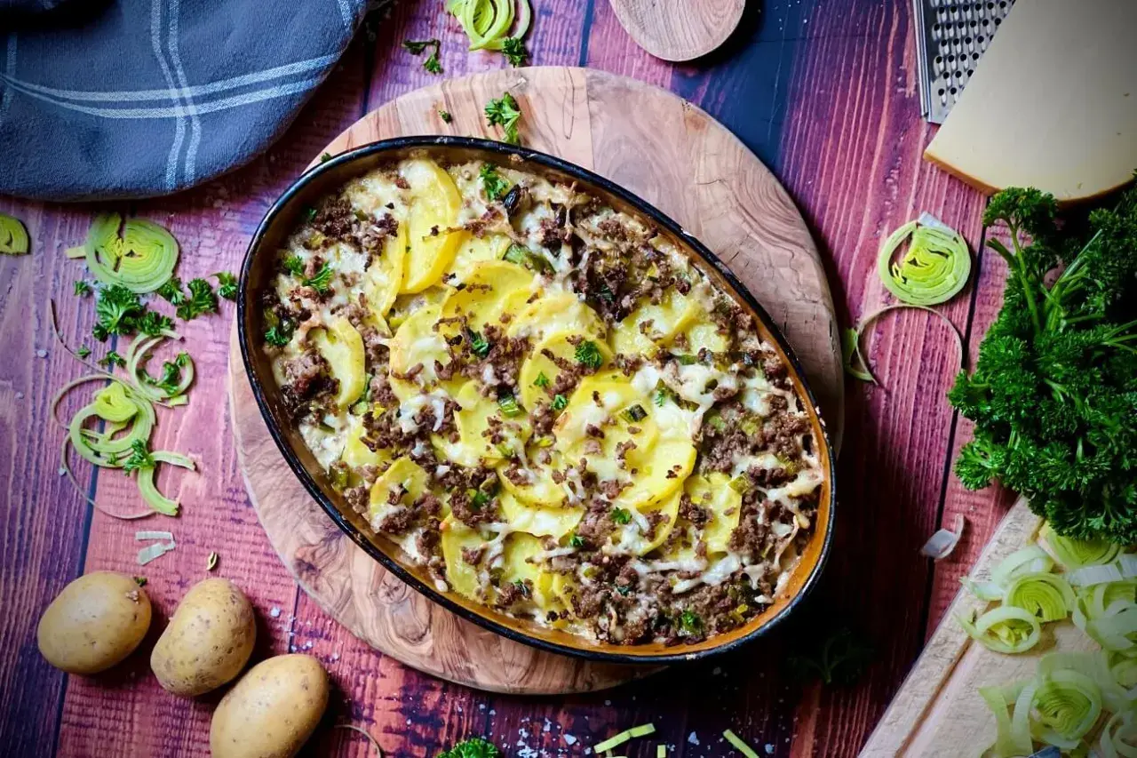 Herzhafter kartoffelauflauf aus rohen Kartoffeln mit Hackfleisch, überbacken mit Käse. Garniert mit Petersilie und Lauch.