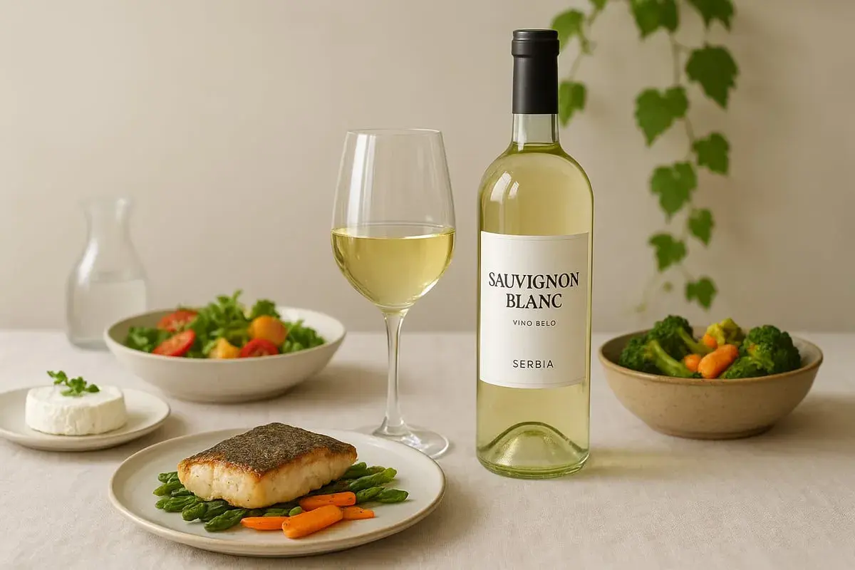 Ein Glas und eine Flasche Sauvignon Blanc auf Deutsch, serviert mit Fisch, Salat und Gemüse.