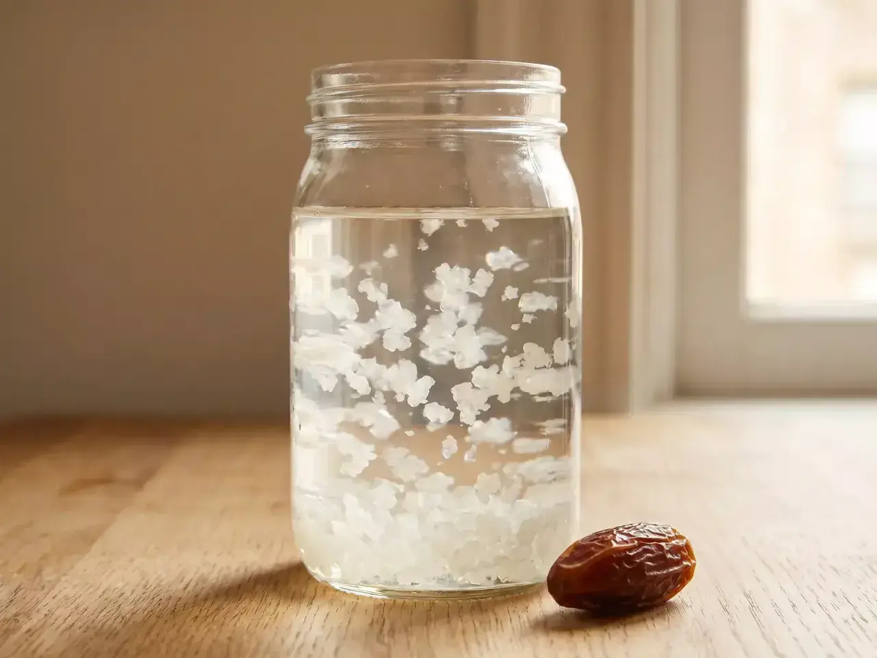 Ein Glas mit Wasserkefir-Kulturen und einer Dattel. Perfekt für ein wasserkefir rezept ohne zucker.