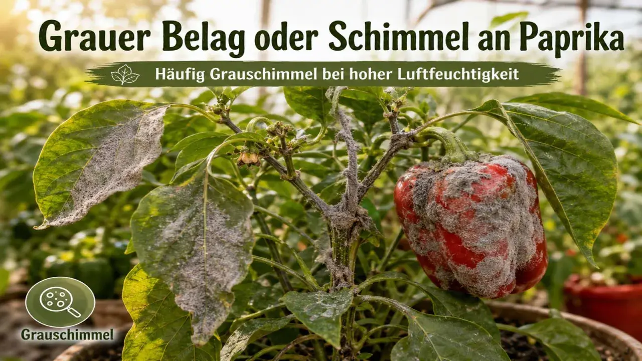 Grauer Belag oder Schimmel an Paprika: Ein roter Paprika und Blätter sind von grauem Schimmel befallen, typisch bei hoher Luftfeuchtigkeit.