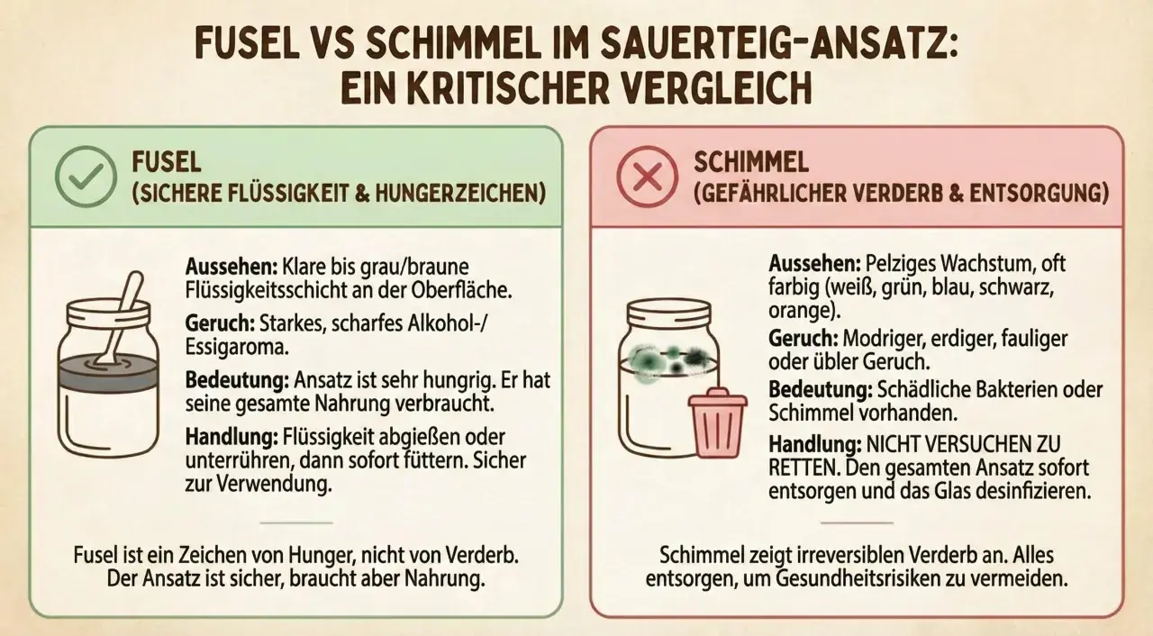 Fusel (klare Flüssigkeit) im Sauerteig ist Hunger, kein Schimmel (pelziges, farbiges Wachstum). Fusel ist sicher, Schimmel muss entsorgt werden.