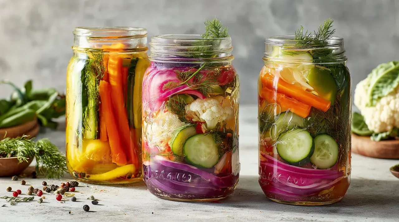Drei Gläser mit eingelegtem Gemüse: Karotten, Gurken, Blumenkohl und rote Zwiebeln, bereit für die Fermentation.