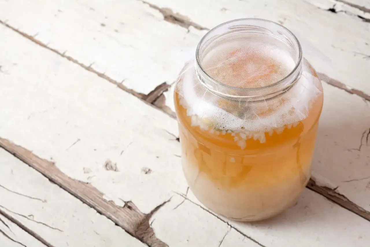 Glas mit sprudelndem Wasserkefir, bereit für ein wasserkefir rezept ohne zucker. Die Fermentation beginnt!