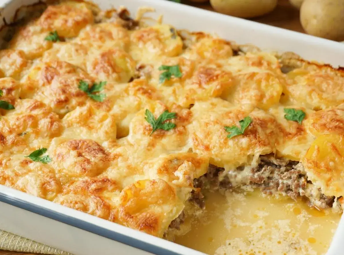 Herzhafter kartoffelauflauf aus rohen Kartoffeln mit Hackfleisch, überbacken mit goldbraunem Käse und garniert mit Petersilie.