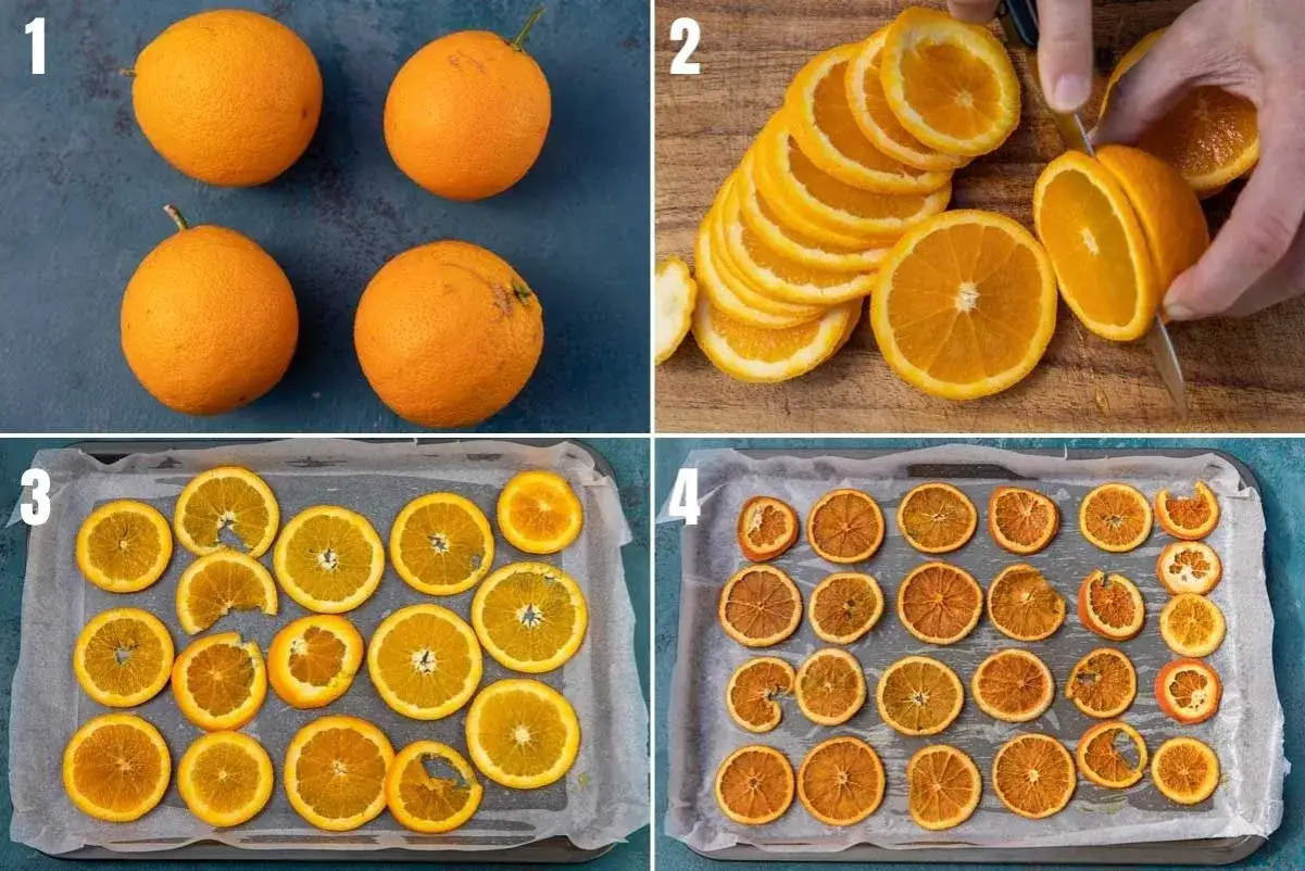 So trocknet man Orangenscheiben: Ganze Orangen, Scheiben schneiden, auf Blech legen, trocknen lassen.