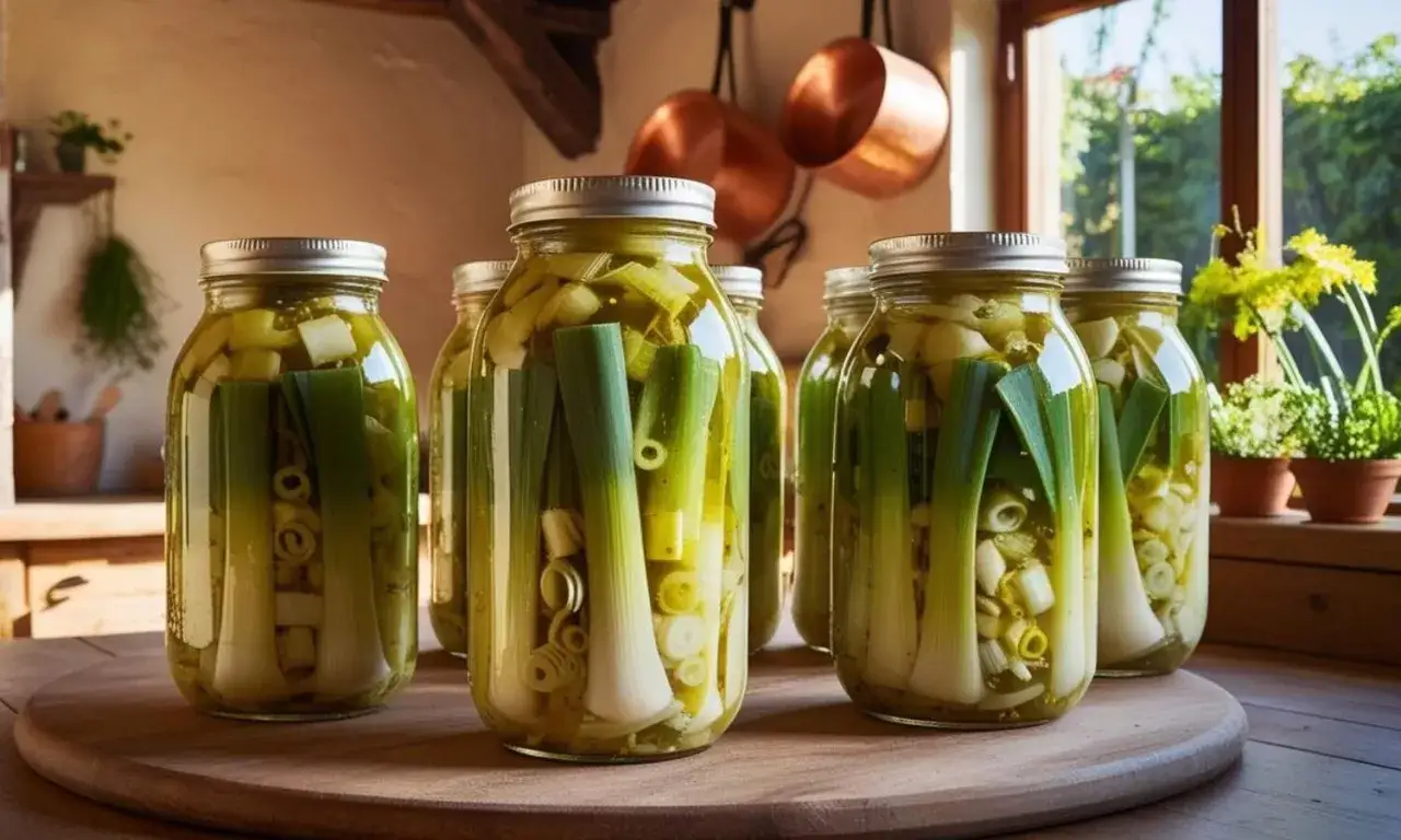 Mehrere Gl&auml;ser mit Lauch, bereit zum lauch fermentieren. Die gr&uuml;nen Stangen und geschnittenen Ringe sind in einer Fl&uuml;ssigkeit eingelegt.