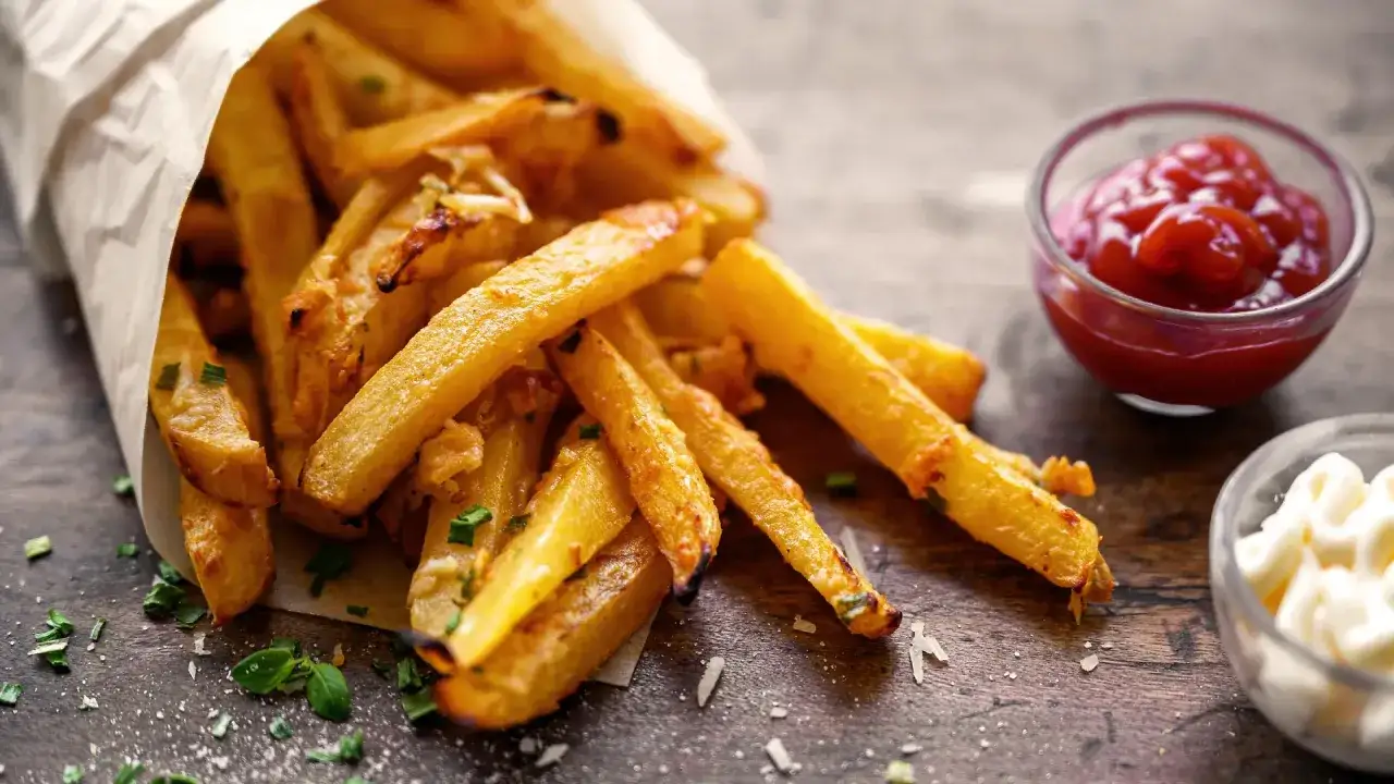 Knusprige Pommes, frisch aus dem Ofen, mit Ketchup und Mayo. So werden Pommes wieder knusprig gemacht!