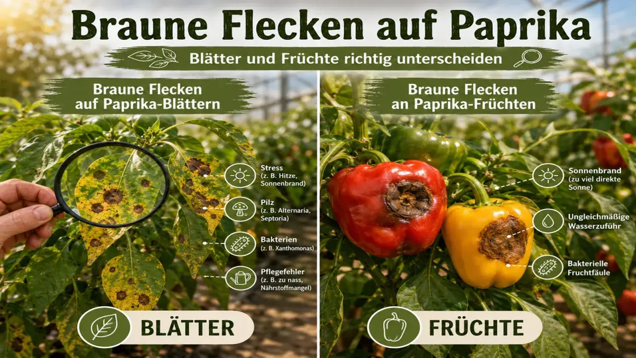So sieht Schimmel bei Paprika aus: Braune Flecken auf Bl&auml;ttern und Fr&uuml;chten, verursacht durch Pilze, Bakterien oder Pflegefehler.