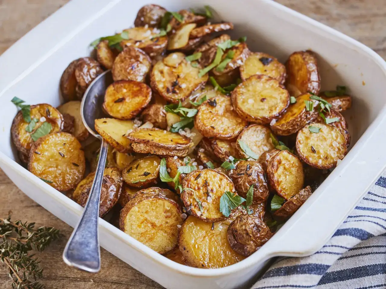 Goldbraune Bratkartoffeln mit Kräutern und grobem Salz in einer weißen Auflaufform. Perfekt, um sie warm zu halten.