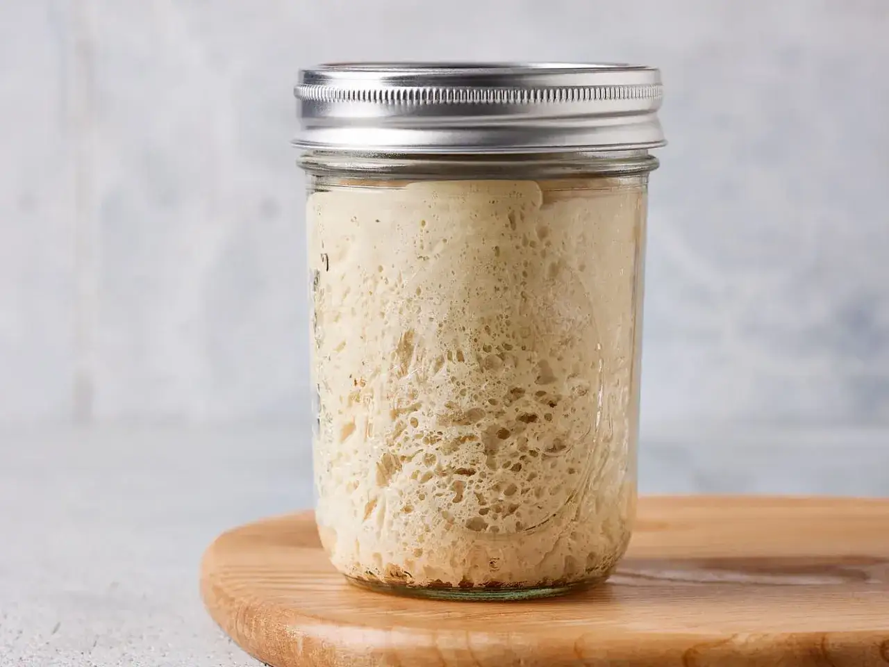 Aktiver Sauerteig im Glas, bereit für die nächste Brotbäckerei. So lässt sich Lievito Madre aufbewahren.