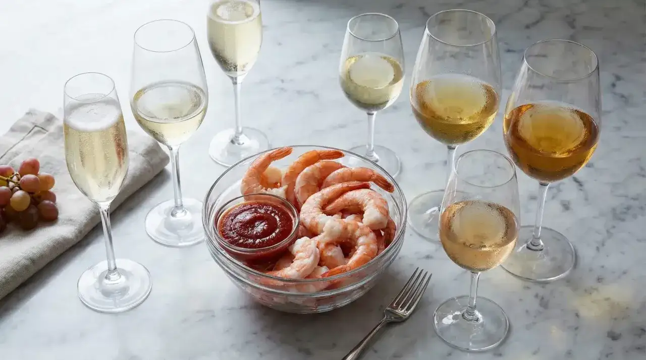 Ein festliches Arrangement: Schale mit Garnelen und Dip, umgeben von Gläsern mit prickelndem und weißem Wein. Perfekt für den Genuss von Wein zu Garnelen.