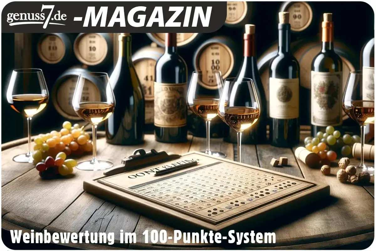 Weinbewertungen im 100-Punkte-System: Gläser mit Wein, Trauben und eine Bewertungsliste auf einem Holztisch vor Weinfässern.