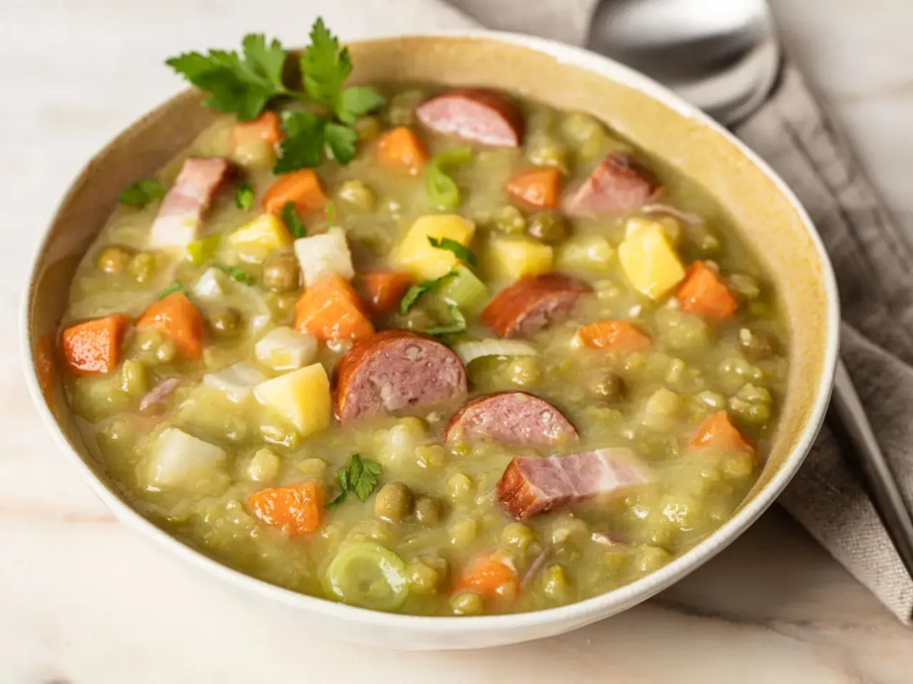 Eine Sch&uuml;ssel mit traditioneller Erbsensuppe, garniert mit Petersilie, Kartoffeln, Karotten, Lauch und Wurst. Ein klassisches Rezept f&uuml;r kalte Tage.