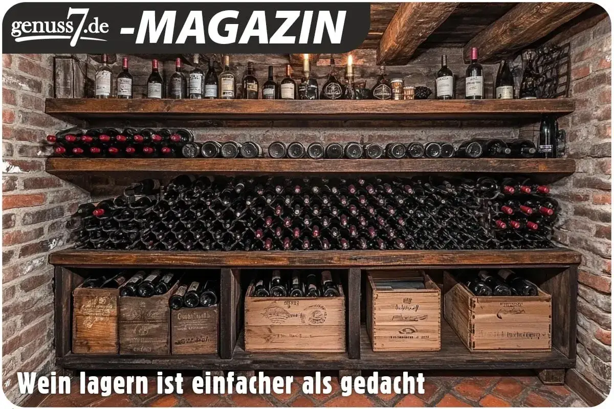 Wein hat kein Ablaufdatum, wenn er richtig gelagert wird. Viele Flaschen Wein sind in einem rustikalen Keller auf Holzregalen gestapelt.
