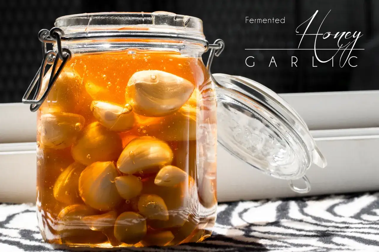 Ein Glas mit fermentiertem Honig und Knoblauchzehen. Der goldene Honig umh&uuml;llt die wei&szlig;en Knoblauchzehen, die in der Fermentation ihre S&uuml;&szlig;e entfalten.