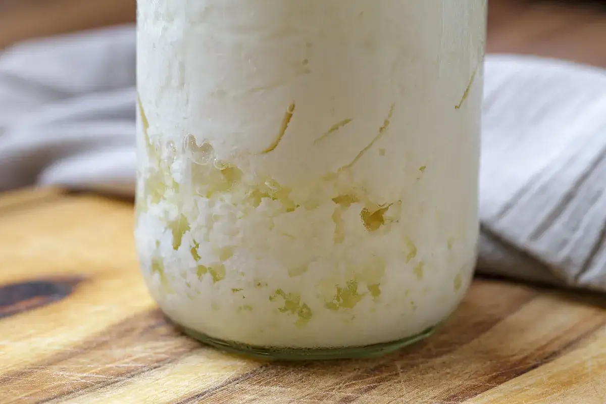 Kefir-Körner im Glas, bereit zum Kefir einfrieren. Die Körner sind weiß und leicht gelblich, mit einer flockigen Textur.