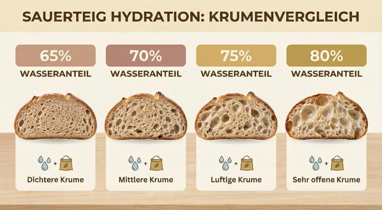 Vergleich von Sauerteigbroten mit unterschiedlichem Wasseranteil: von dichter bis sehr offener Krume, zeigt die Wirkung der Hydration auf das fermentierte Brot.