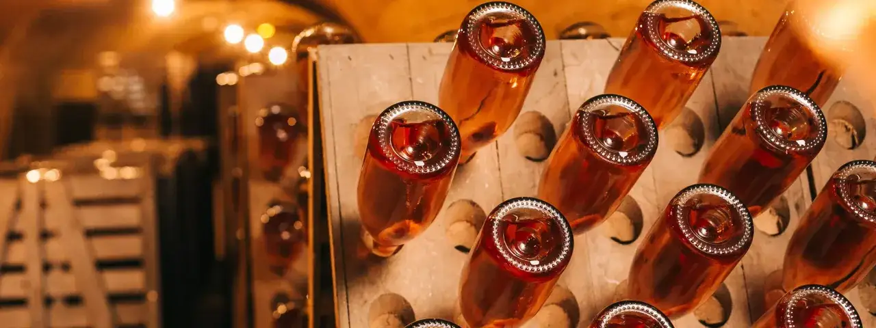 Flaschen mit rosafarbenem Champagner reifen in einem Keller. Was ist Champagner? Ein prickelndes Vergn&uuml;gen, das hier seine Reifung beginnt.