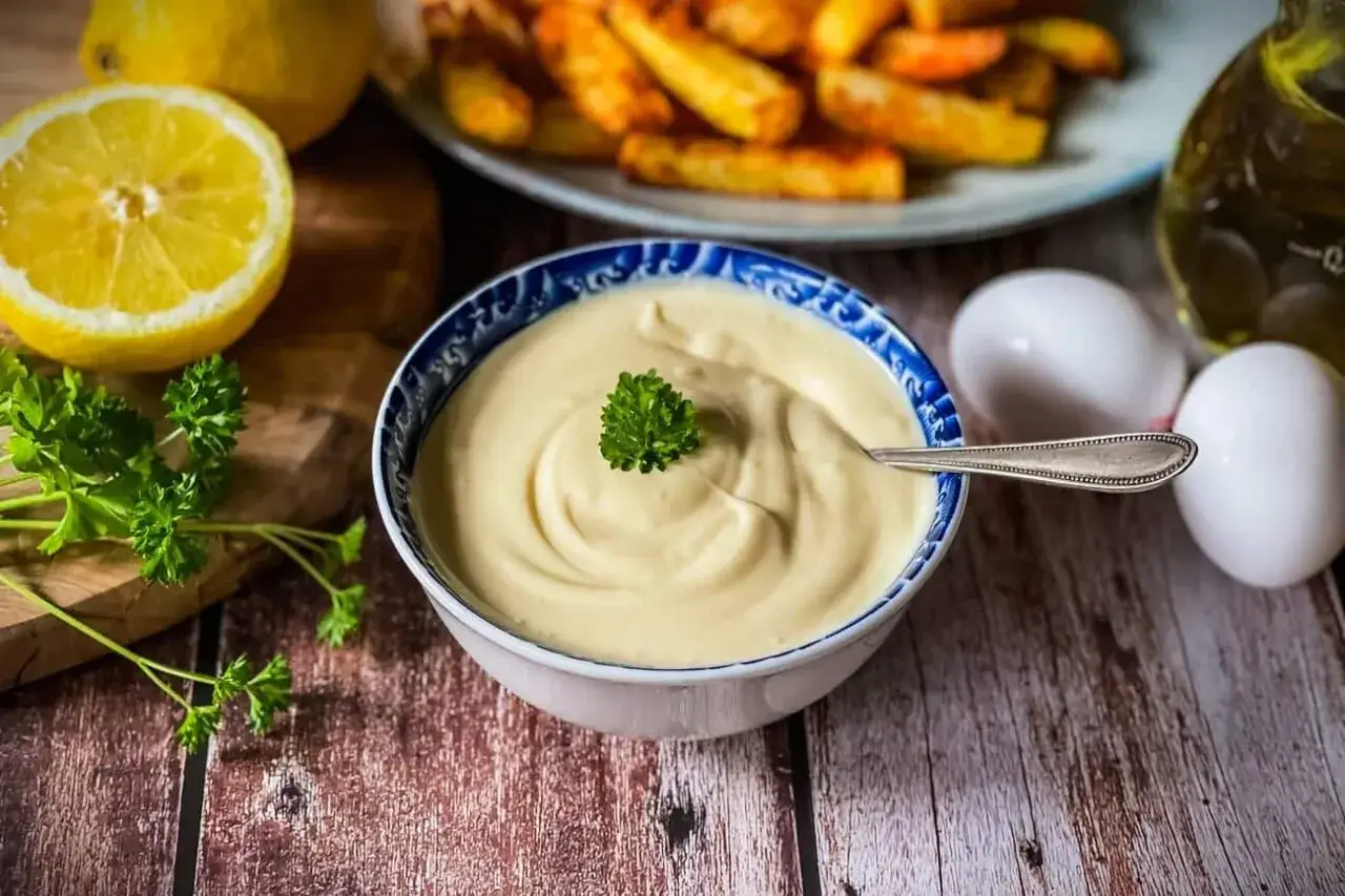 Cremige Mayonnaise selber machen: Zutaten wie Eier, Zitrone und &Ouml;l sind bereit. Dazu gibt es knusprige Pommes.