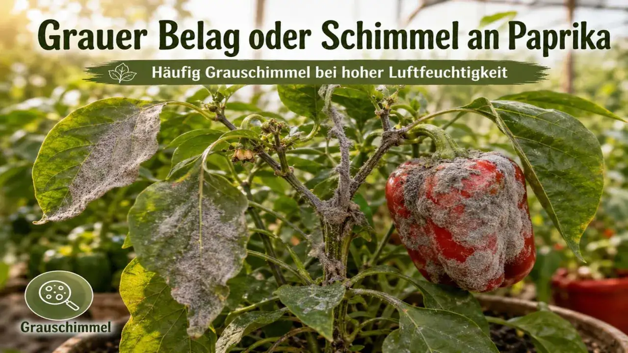 Grauer Belag oder Schimmel bei Paprika: Eine rote Paprika und Bl&auml;tter sind von grauem Schimmel befallen, ein Zeichen f&uuml;r hohe Luftfeuchtigkeit.