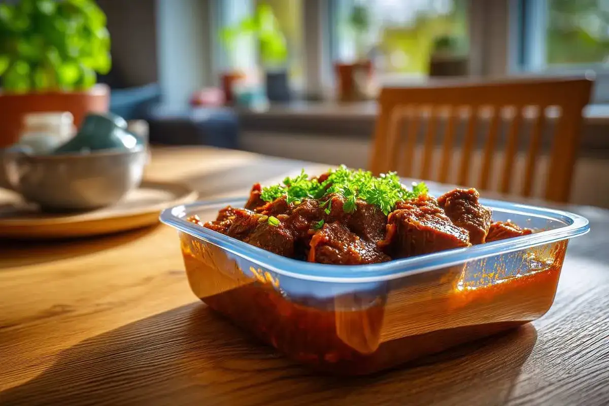 Herzhaftes Gulasch in einer Frischhaltedose, bereit zum Einfrieren. So kann man es f&uuml;r sp&auml;ter aufbewahren.