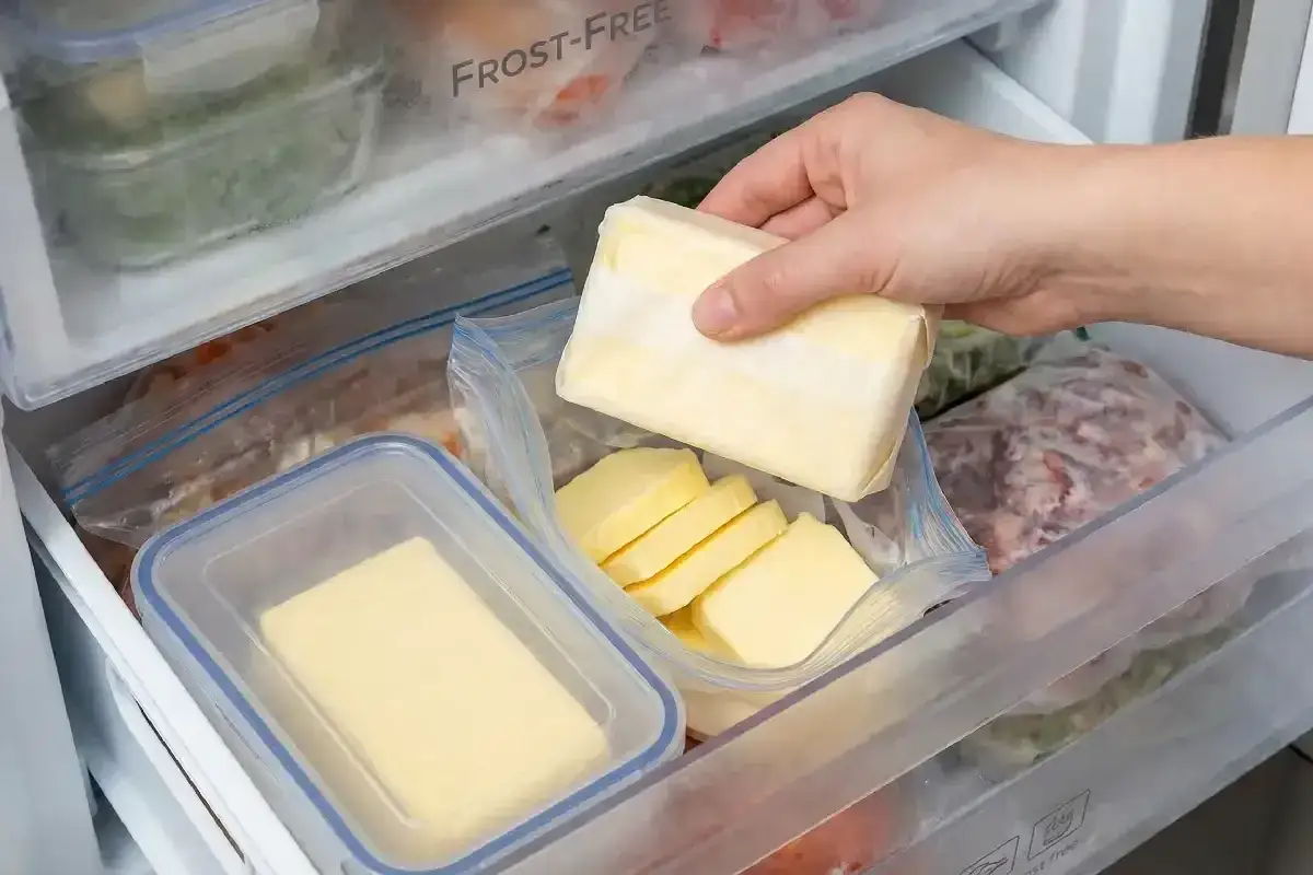 Hand legt Butter in den Gefrierschrank. So kann man Butter einfrieren und lange haltbar machen.