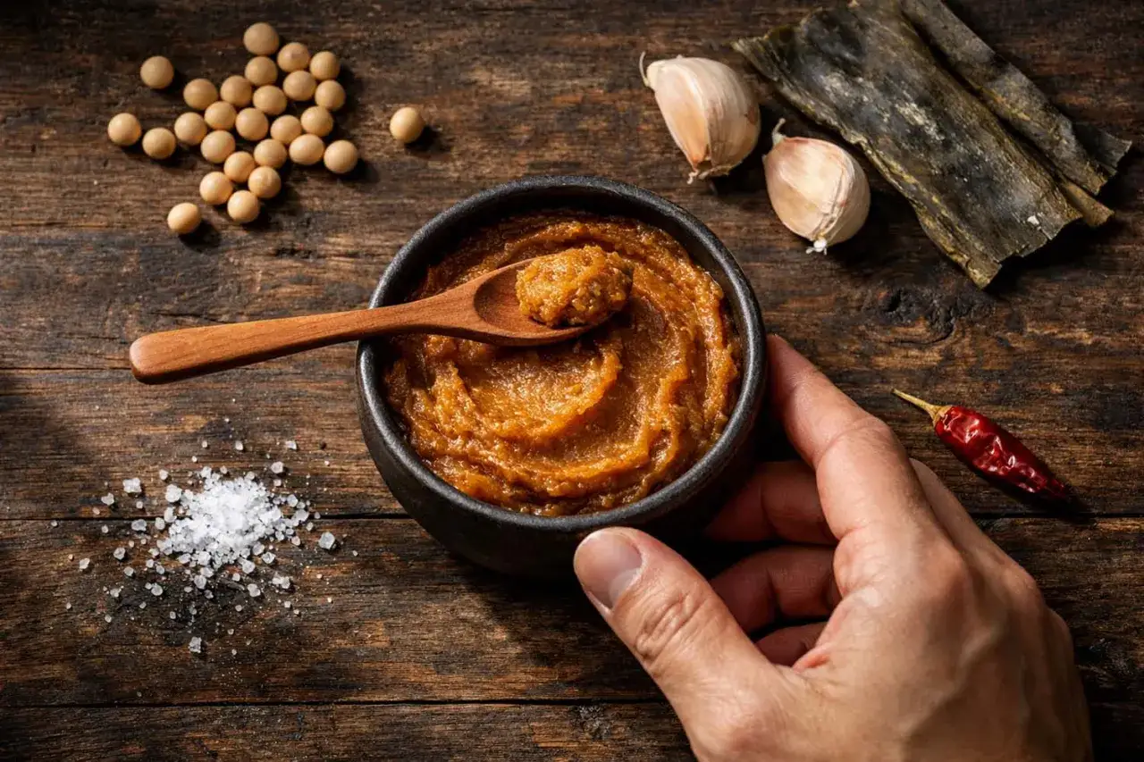 Miso-Paste in einer Schale, daneben Sojabohnen, Knoblauch, Kombu, Chili und Salz. Die Frage 