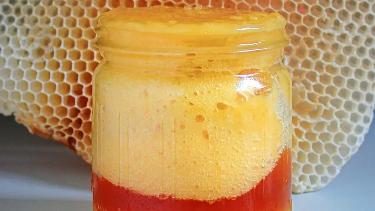 Glas mit Honig, der schaumig und flockig ist &ndash; ein Zeichen, um verdorbenen Honig zu erkennen. Daneben ein St&uuml;ck Wabe.