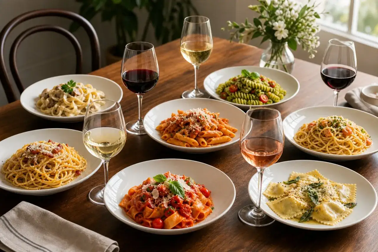 Ein Festmahl mit verschiedenen Pastagerichten und passendem Wein zu Pasta.