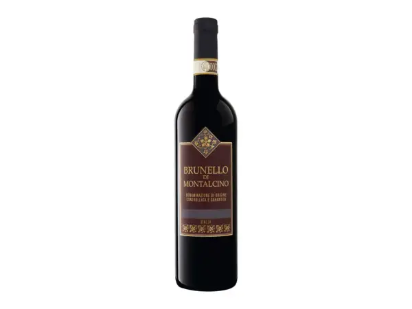 Dunkle Flasche mit Etikett "Brunello di Montalcino", ein italienischer Rotwein.