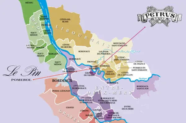 Karte zeigt Bordeaux-Region mit Pomerol, Heimat der besten Pomerol-Weine. Petrus und Le Pin sind markiert.